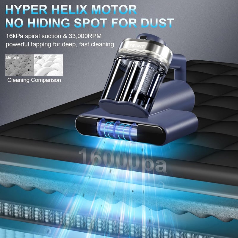 Teant Mattress Vacuum Bed Vacuum Cleaner with 253.7nm UV-C Light, Hyper Helix Motor with 16kPa Strong Suction & 33000 RPM/Min Tapping, HEPA Filter, 149℉ Heat & Ultrasonic & Anion for Bed and Pet. - Image 2